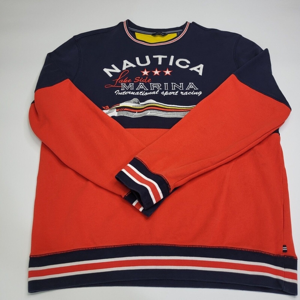 NAUTICA Mens Lakeside Marina Color Block Crewneck Sweatshirt Navy Red Vintage XL - Picture 8 of 9
